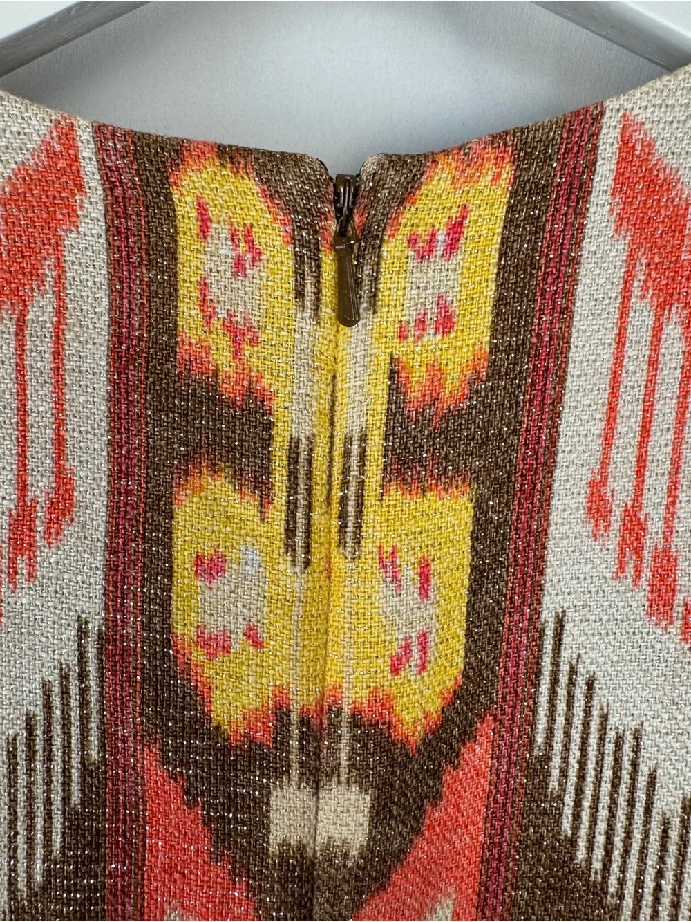 Tory Burch Linen Sleeveless Sheath Dress Ikat Print Gold Thread Size 4 Office